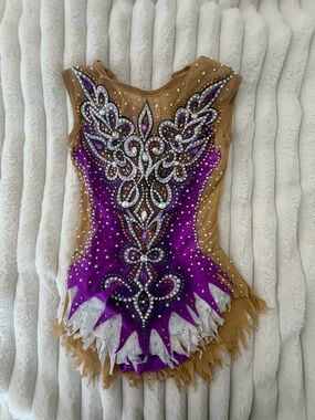 Girls Purple & Tan Rhythmic Gymnastics Costume with Crystal Embellishments